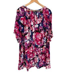 Roamans Top Women's Size 24W Pink Multicolor Floral Short Sleeve Shirt Tunic